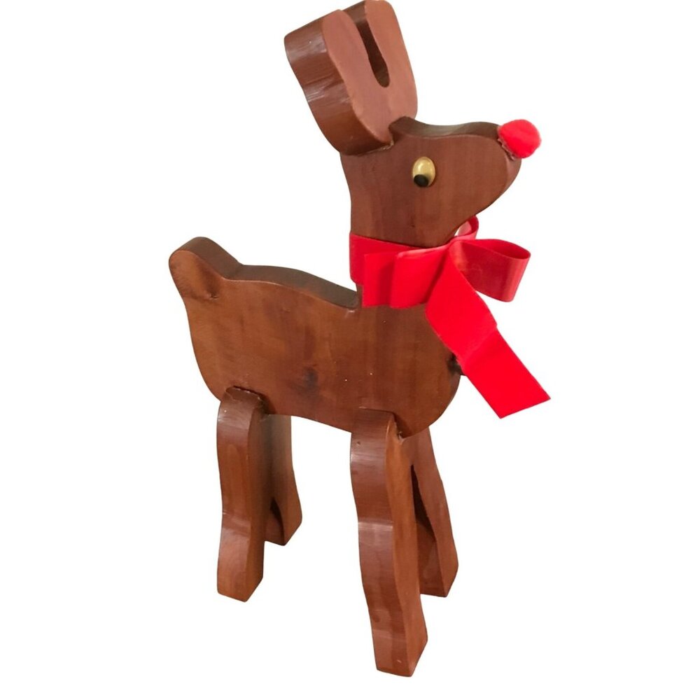 Handcrafted Wooden Reindeer Figurine With Red Bow & Bell 12"
